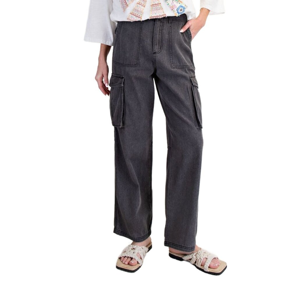 NWT- Women's Easel Wide Leg Washed Black Denim Cargo Pants